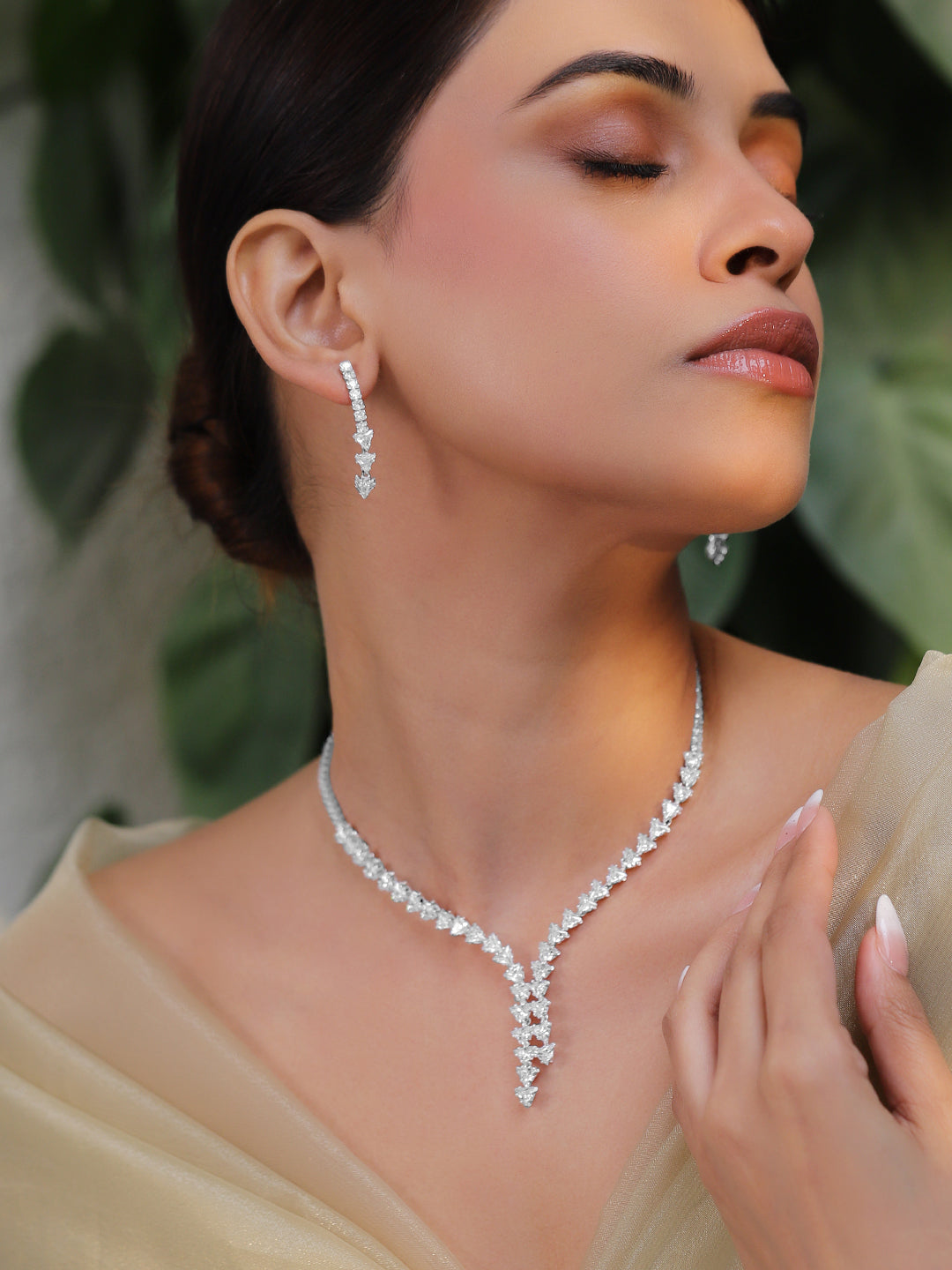 Crystal Studded Rhodium Necklace Set