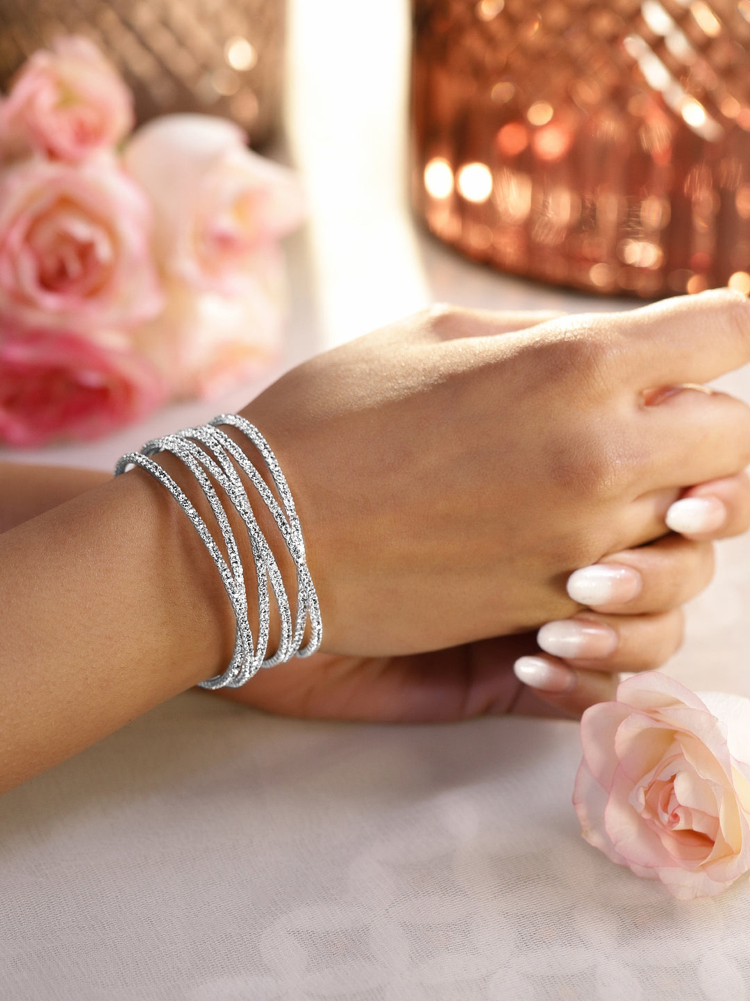 Wentra Rhodium-Plated Crystals Stone Studded Cuff Bracelet