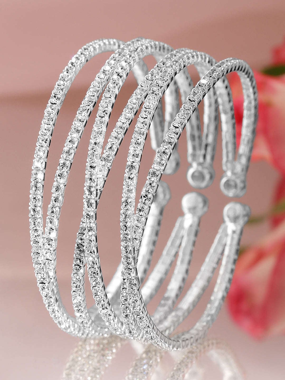 Wentra Rhodium-Plated Crystals Stone Studded Cuff Bracelet