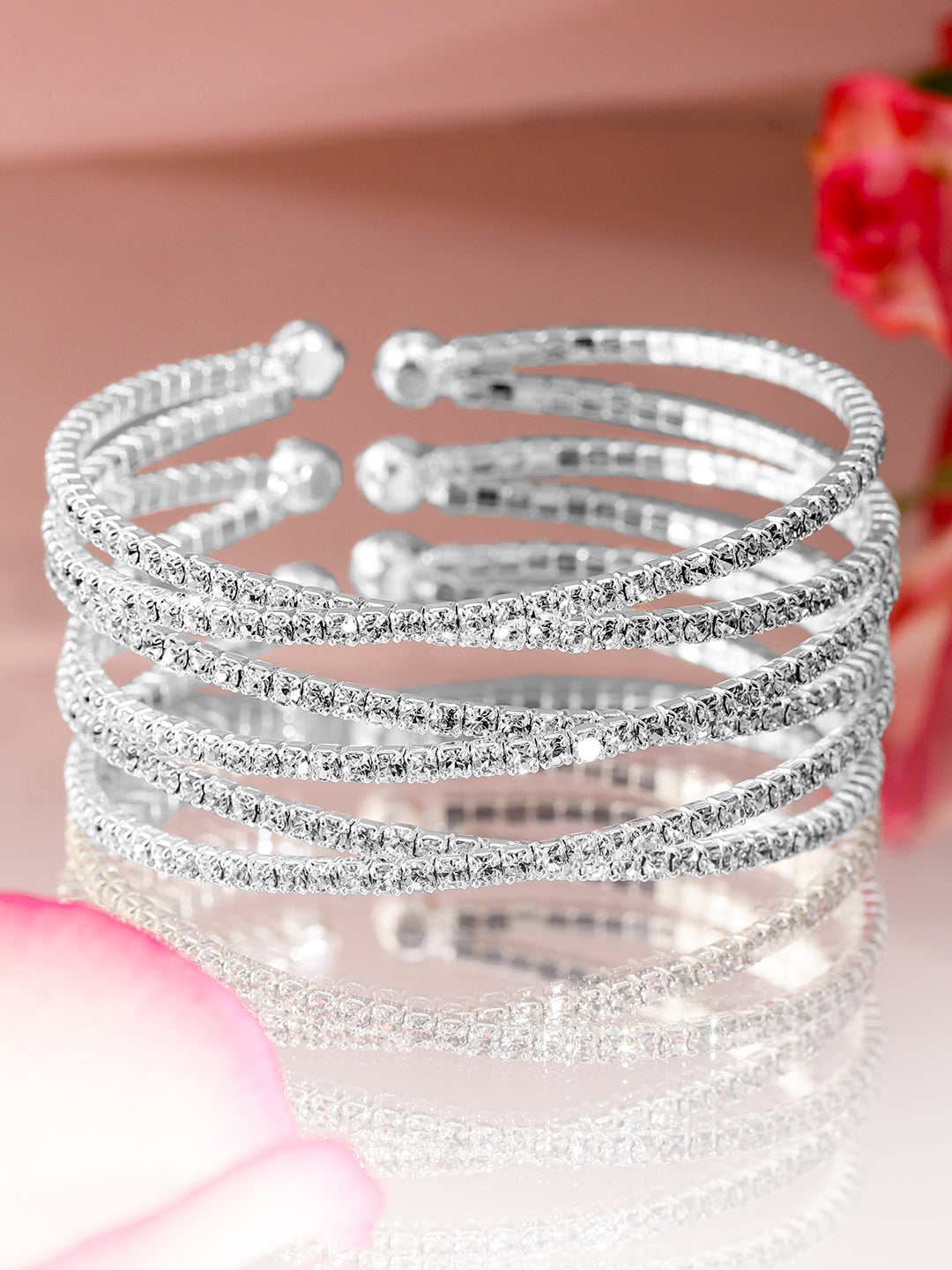 Wentra Rhodium-Plated Crystals Stone Studded Cuff Bracelet