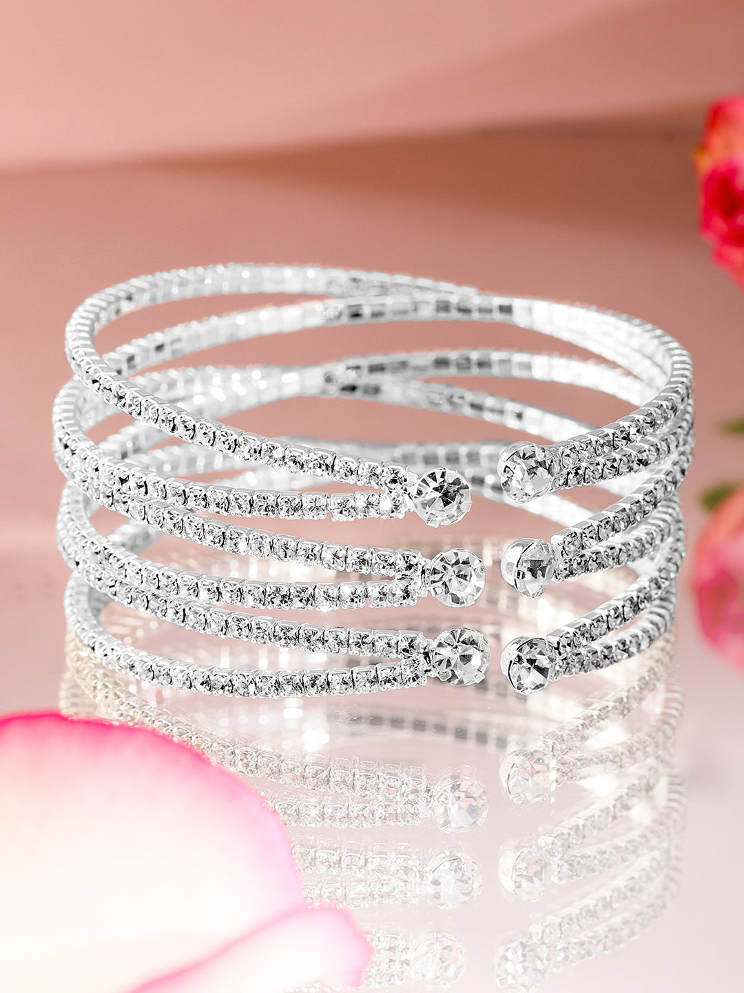 Wentra Rhodium-Plated Crystals Stone Studded Cuff Bracelet