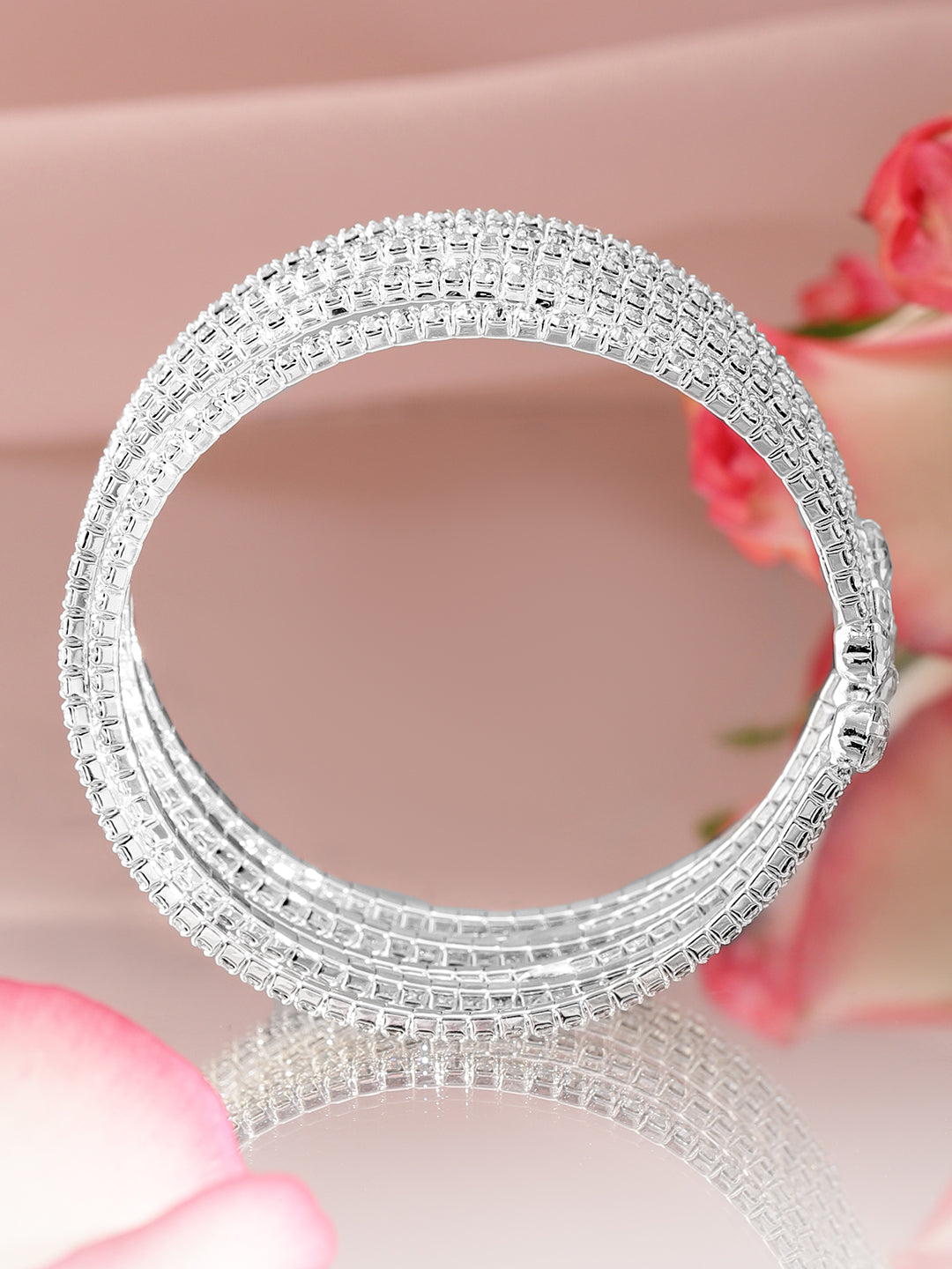 Wentra Rhodium-Plated Crystals Stone Studded Cuff Bracelet