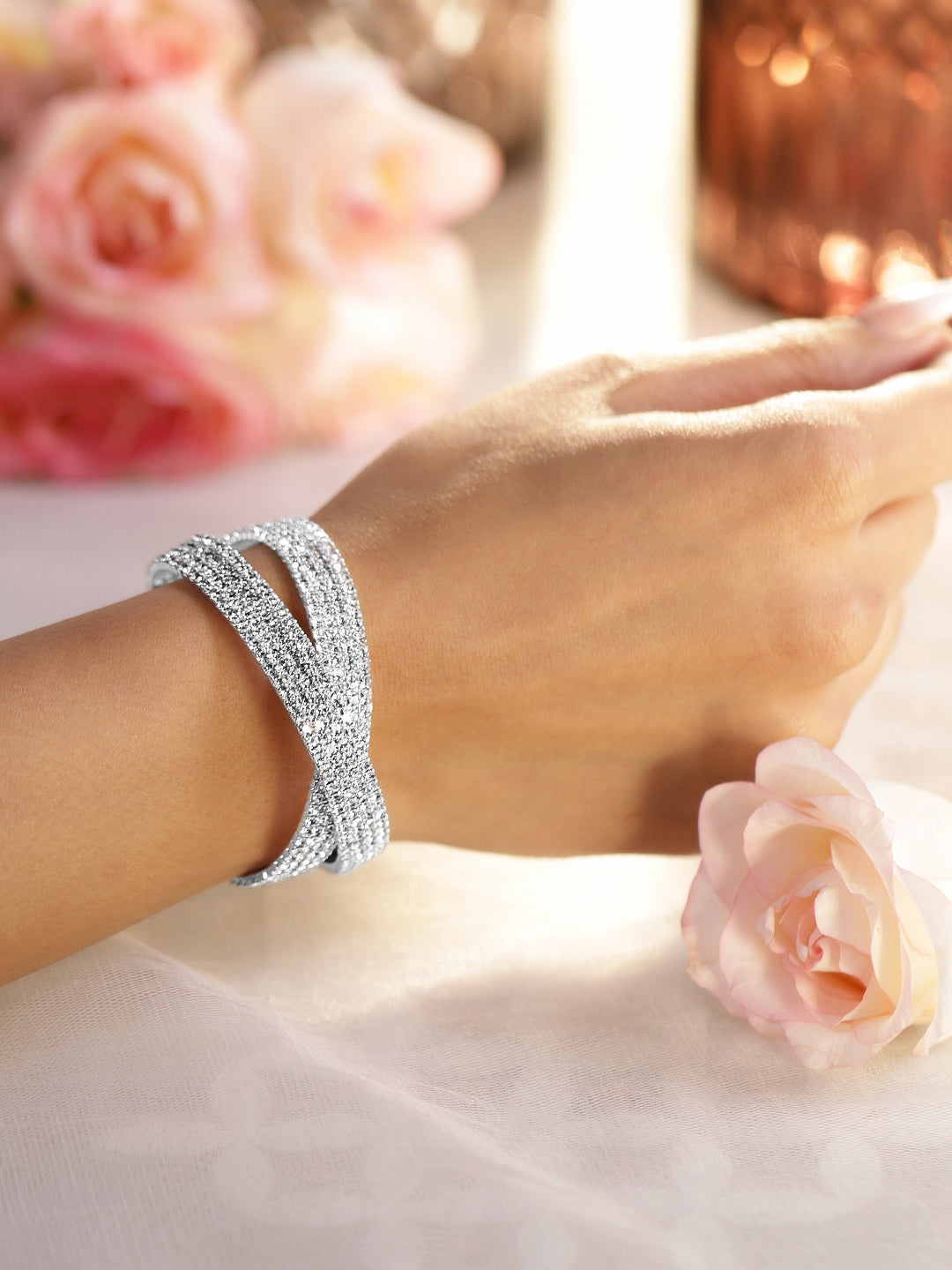 Wentra Rhodium-Plated Crystals Stone Studded Cuff Bracelet