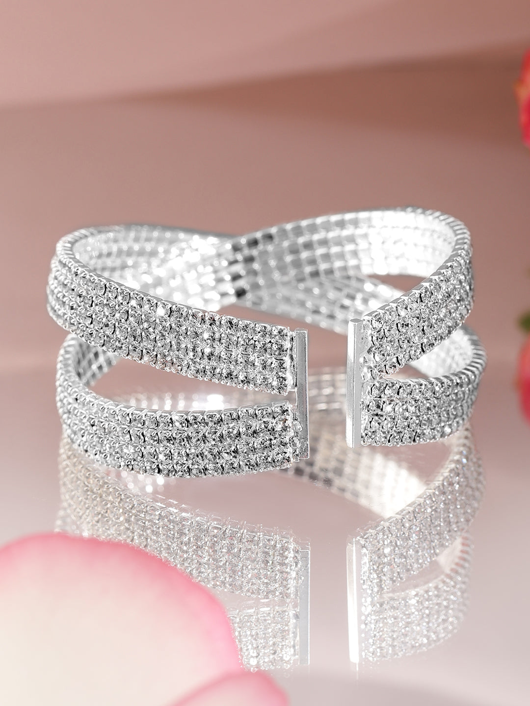 Wentra Rhodium-Plated Crystals Stone Studded Cuff Bracelet