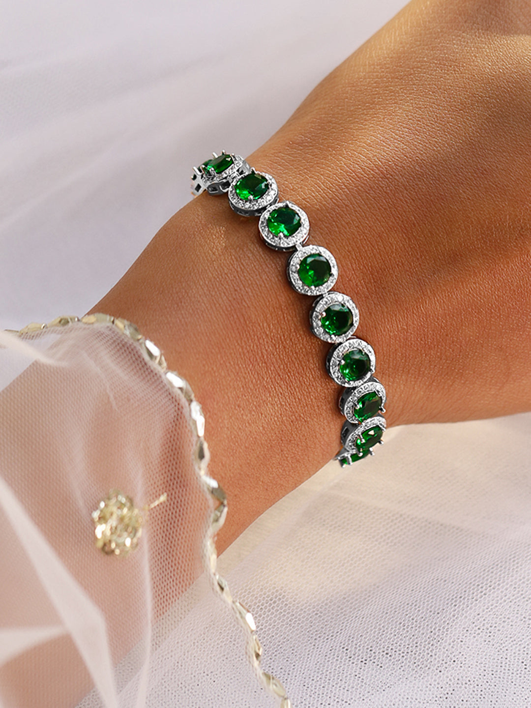Wentra Rhodium-Plated Emerald Green & AAA Cubic Zirconia Studded Premium Tennis Bracelet
