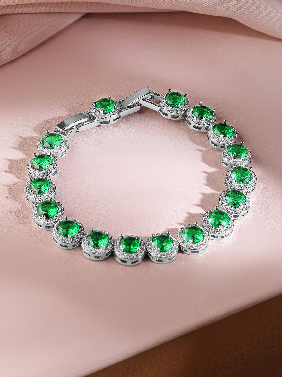 Wentra Rhodium-Plated Emerald Green & AAA Cubic Zirconia Studded Premium Tennis Bracelet