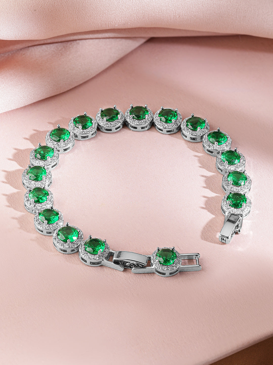 Wentra Rhodium-Plated Emerald Green & AAA Cubic Zirconia Studded Premium Tennis Bracelet