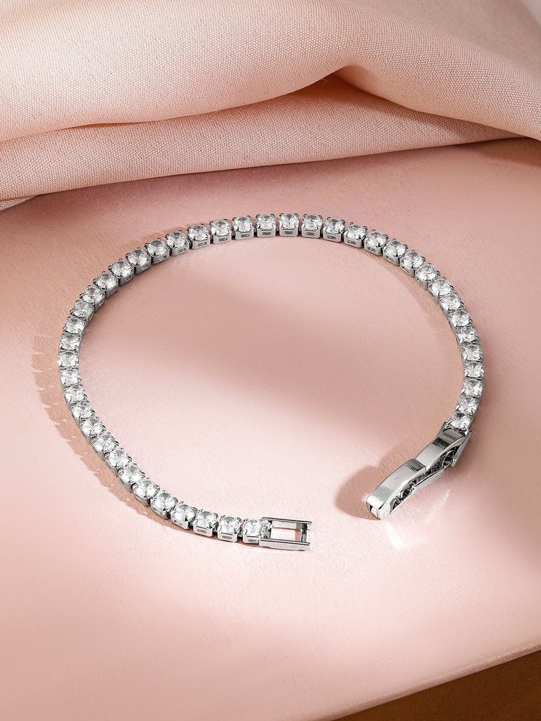 Wentra Rhodium-Plated Cubic Zirconia Studded Premium Tennis Bracelet