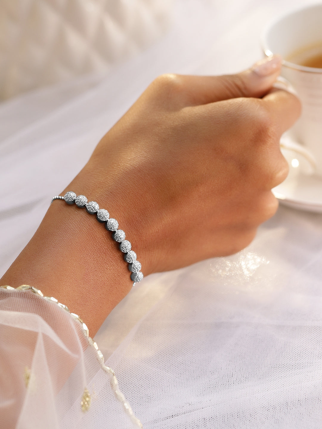 Wentra Rhodium-Plated Adjustable Pull Chain Cubic Zirconia Studded Bracelet
