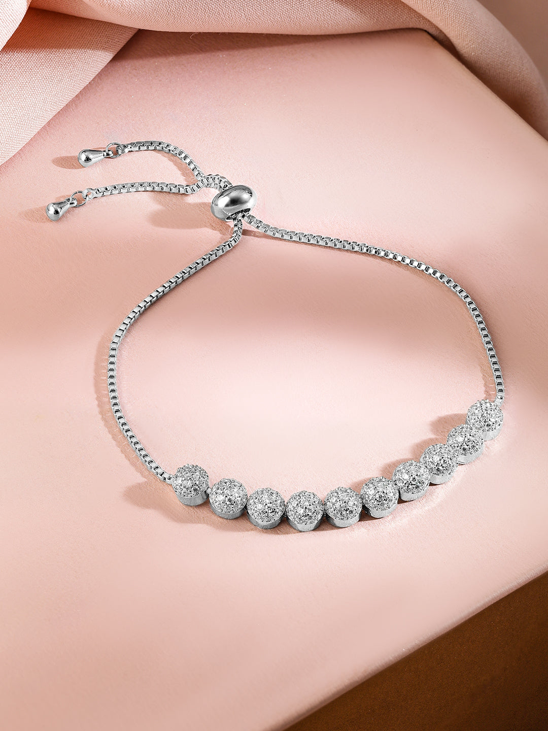 Wentra Rhodium-Plated Adjustable Pull Chain Cubic Zirconia Studded Bracelet