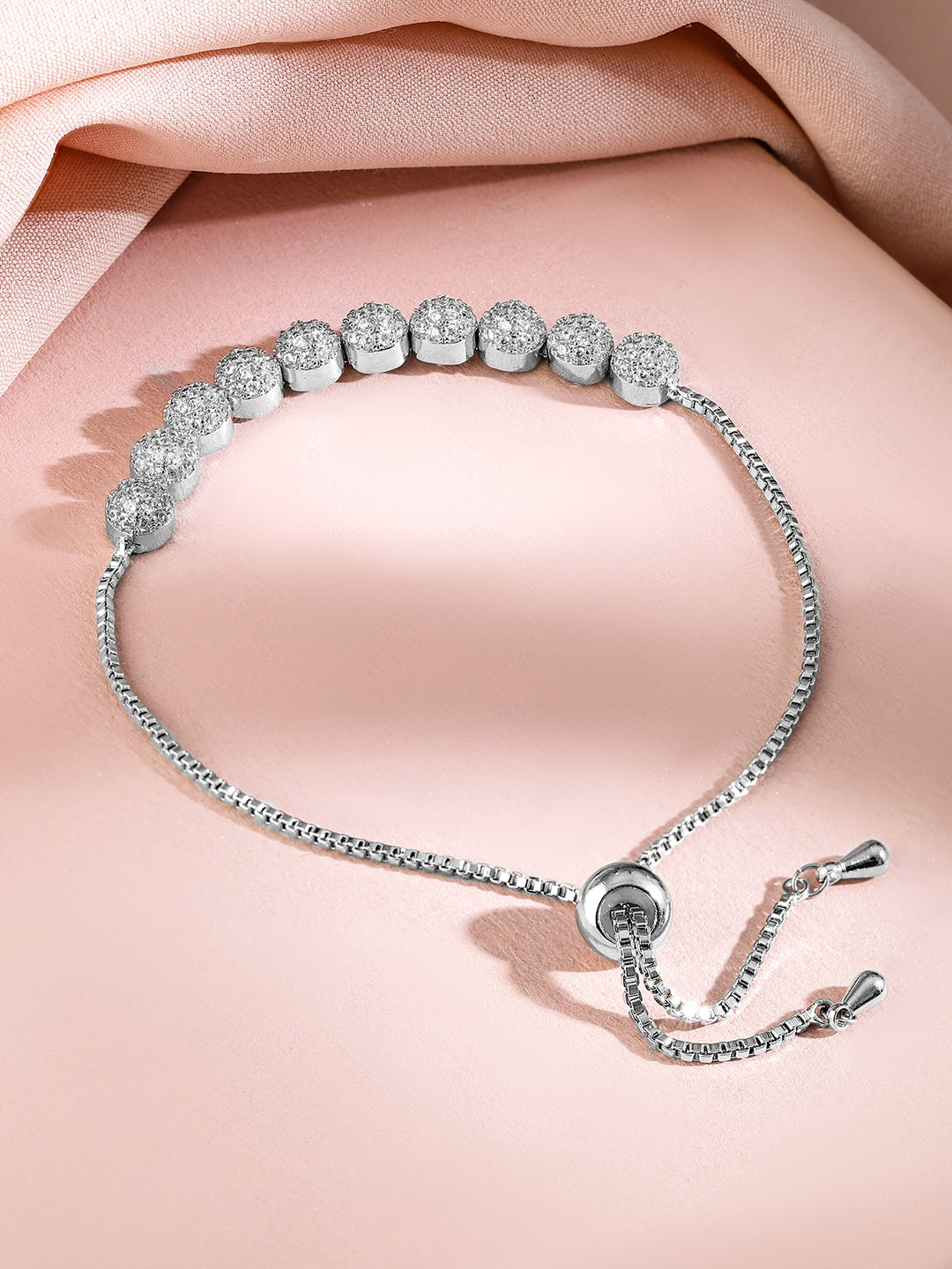 Wentra Rhodium-Plated Adjustable Pull Chain Cubic Zirconia Studded Bracelet