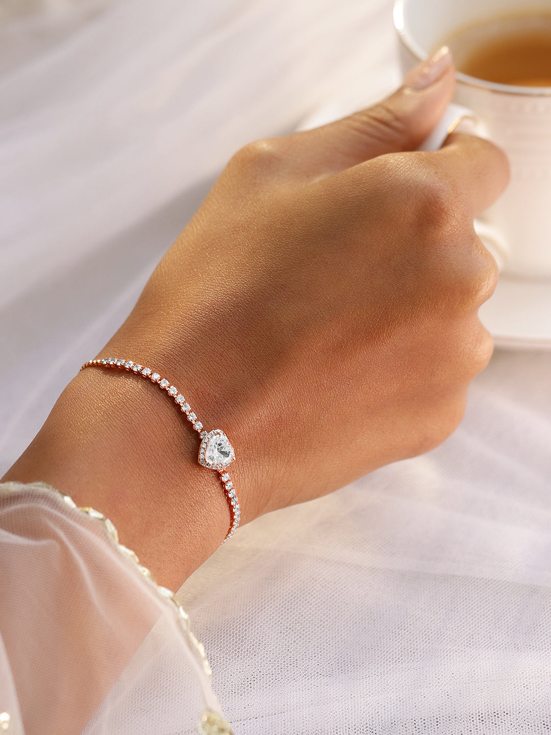 Wentra 18K Rose Gold-Plated Heart-Cut Cubic Zirconia Adjustable Pull Chain Tennis Bracelet