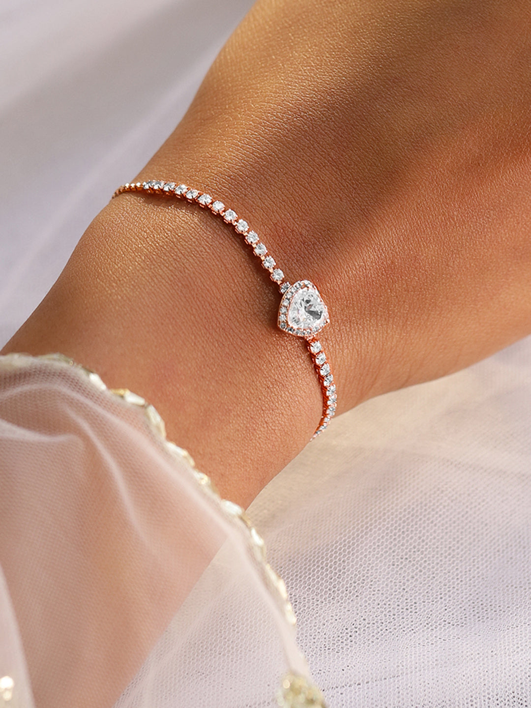 Wentra 18K Rose Gold-Plated Heart-Cut Cubic Zirconia Adjustable Pull Chain Tennis Bracelet