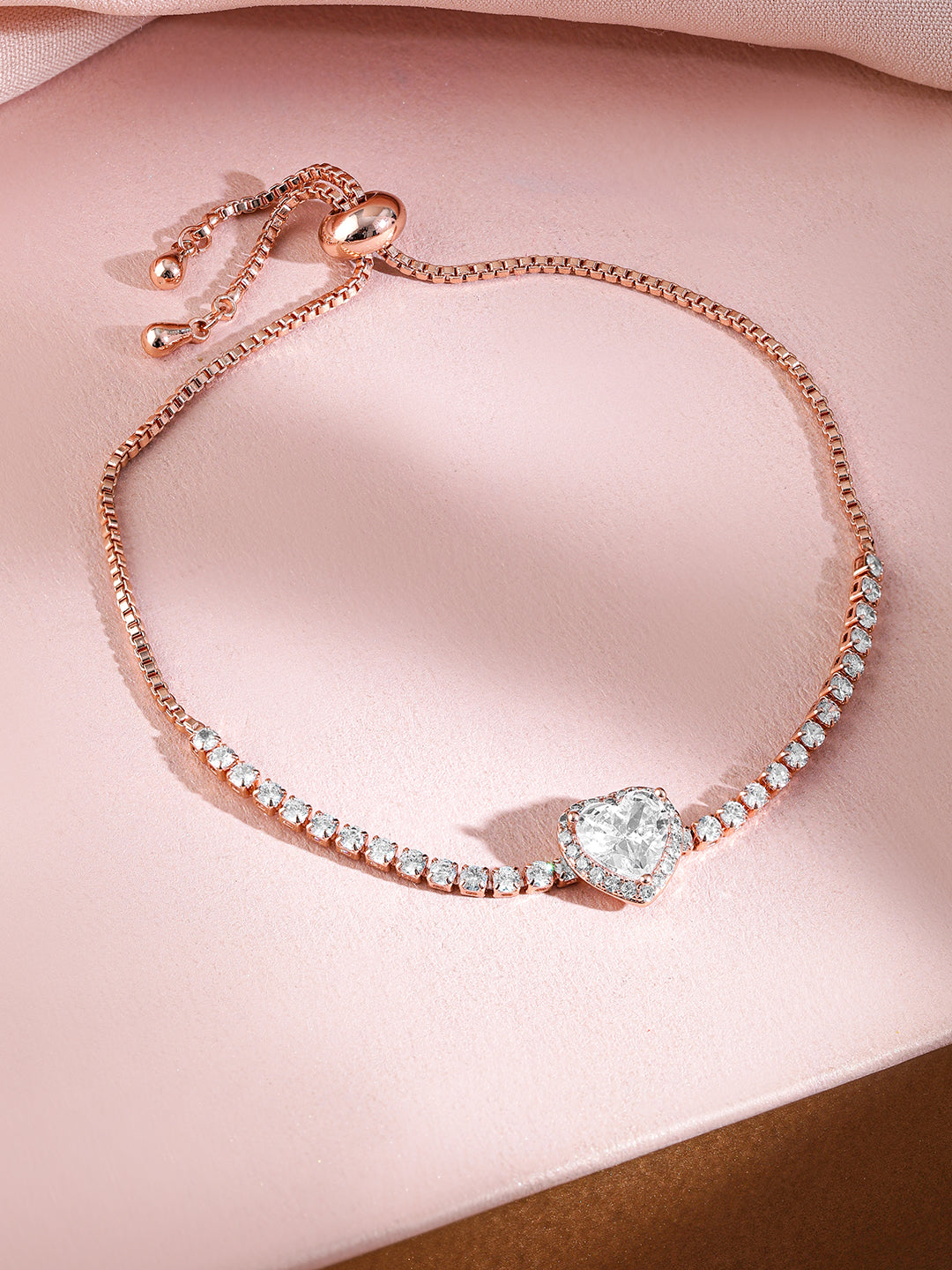 Wentra 18K Rose Gold-Plated Heart-Cut Cubic Zirconia Adjustable Pull Chain Tennis Bracelet