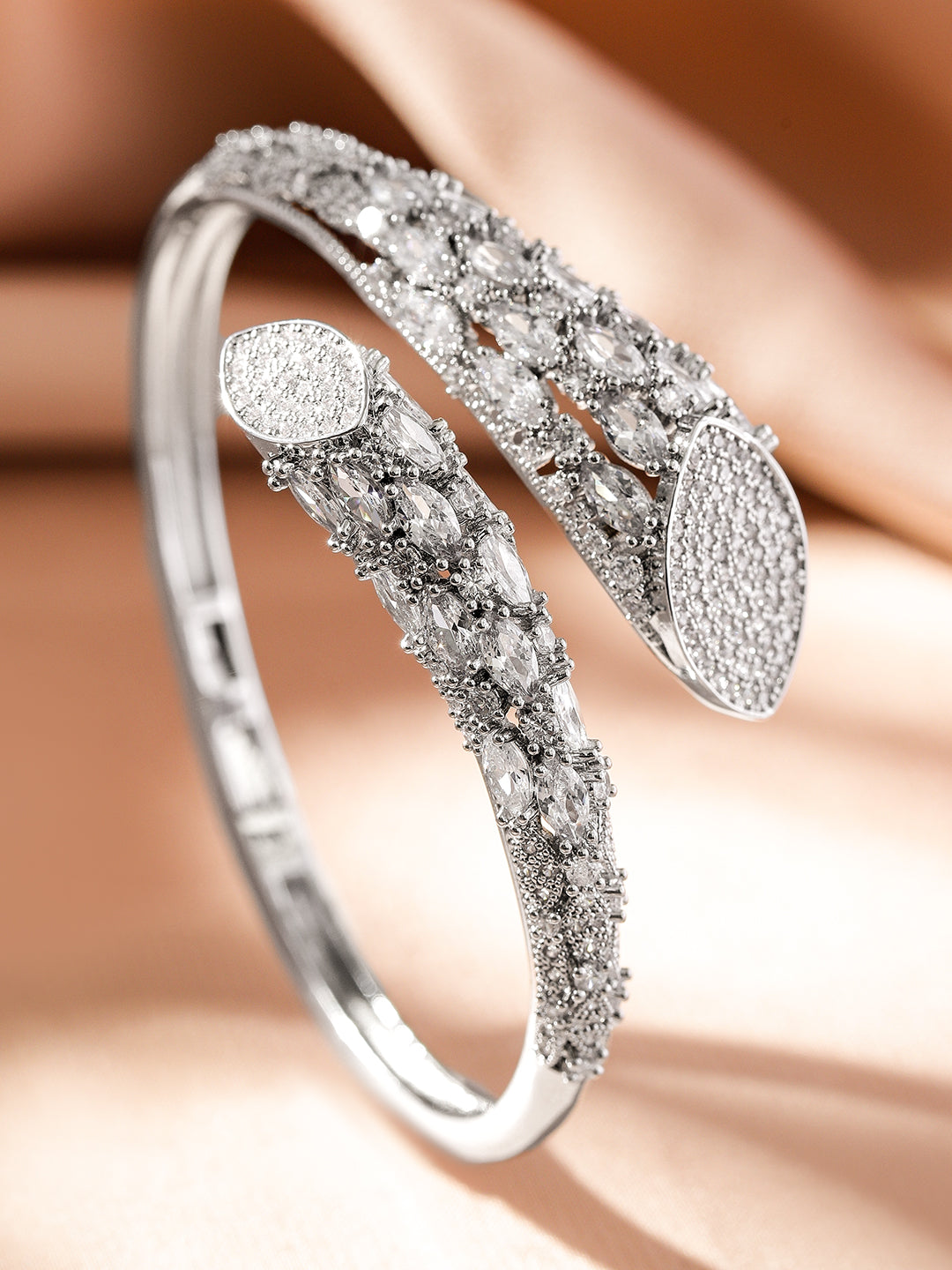Wentra Rhodium-Plated Cubic Zirconia Studded Adjustable Demi-Fine Openable Bracelet