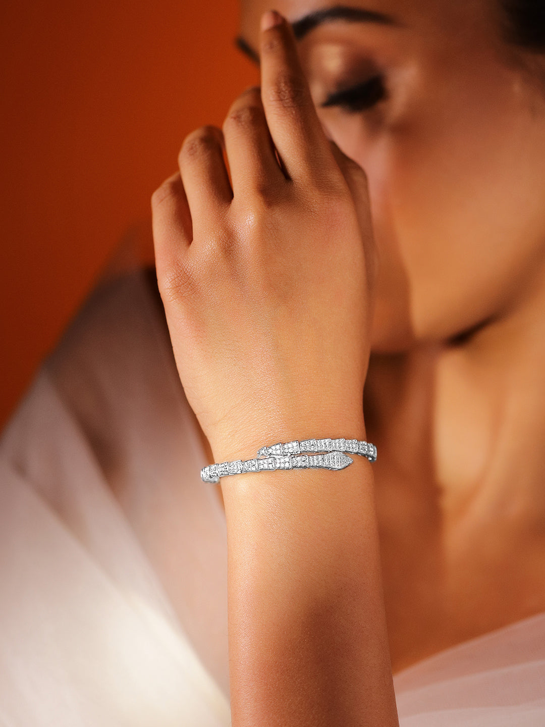 Wentra Rhodium-Plated Double-Layer Snake Design Openable Bracelet with Cubic Zirconia