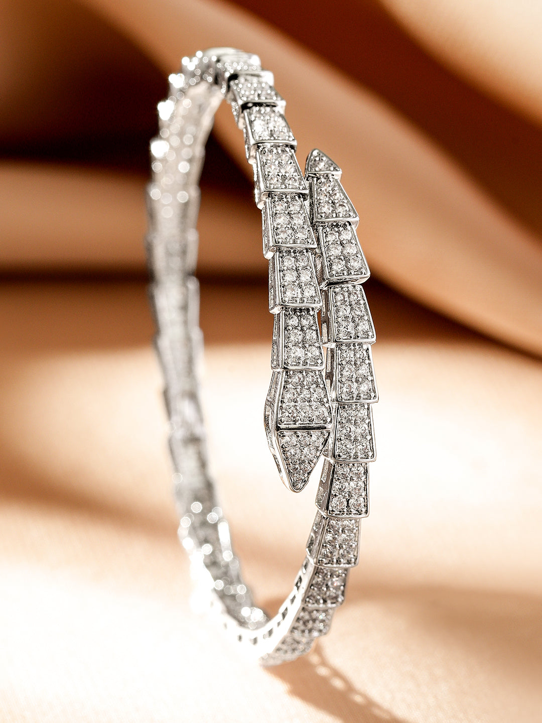 Wentra Rhodium-Plated Double-Layer Snake Design Openable Bracelet with Cubic Zirconia