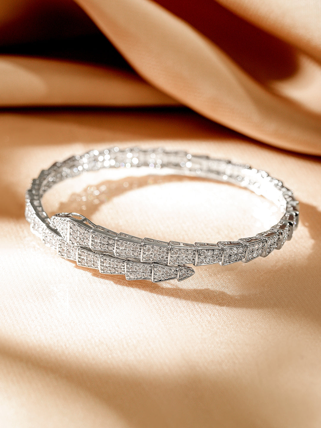 Wentra Rhodium-Plated Double-Layer Snake Design Openable Bracelet with Cubic Zirconia