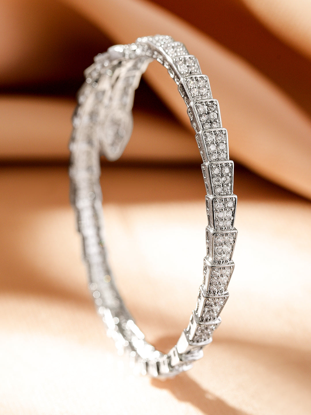 Wentra Rhodium-Plated Double-Layer Snake Design Openable Bracelet with Cubic Zirconia