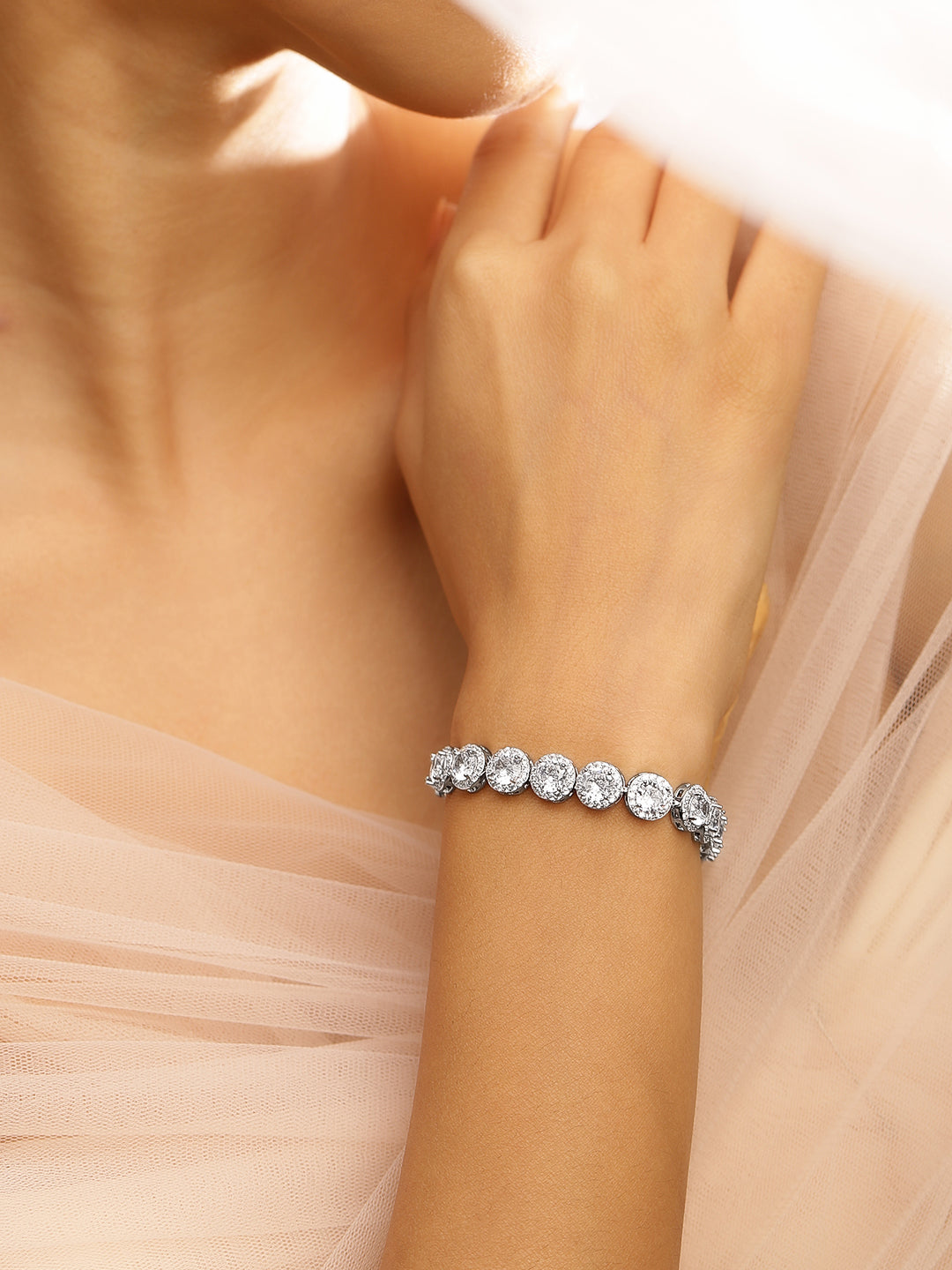 Wentra Rhodium Plated Sparkling Cubic Zirconia Studded Premium Tennis Bracelet