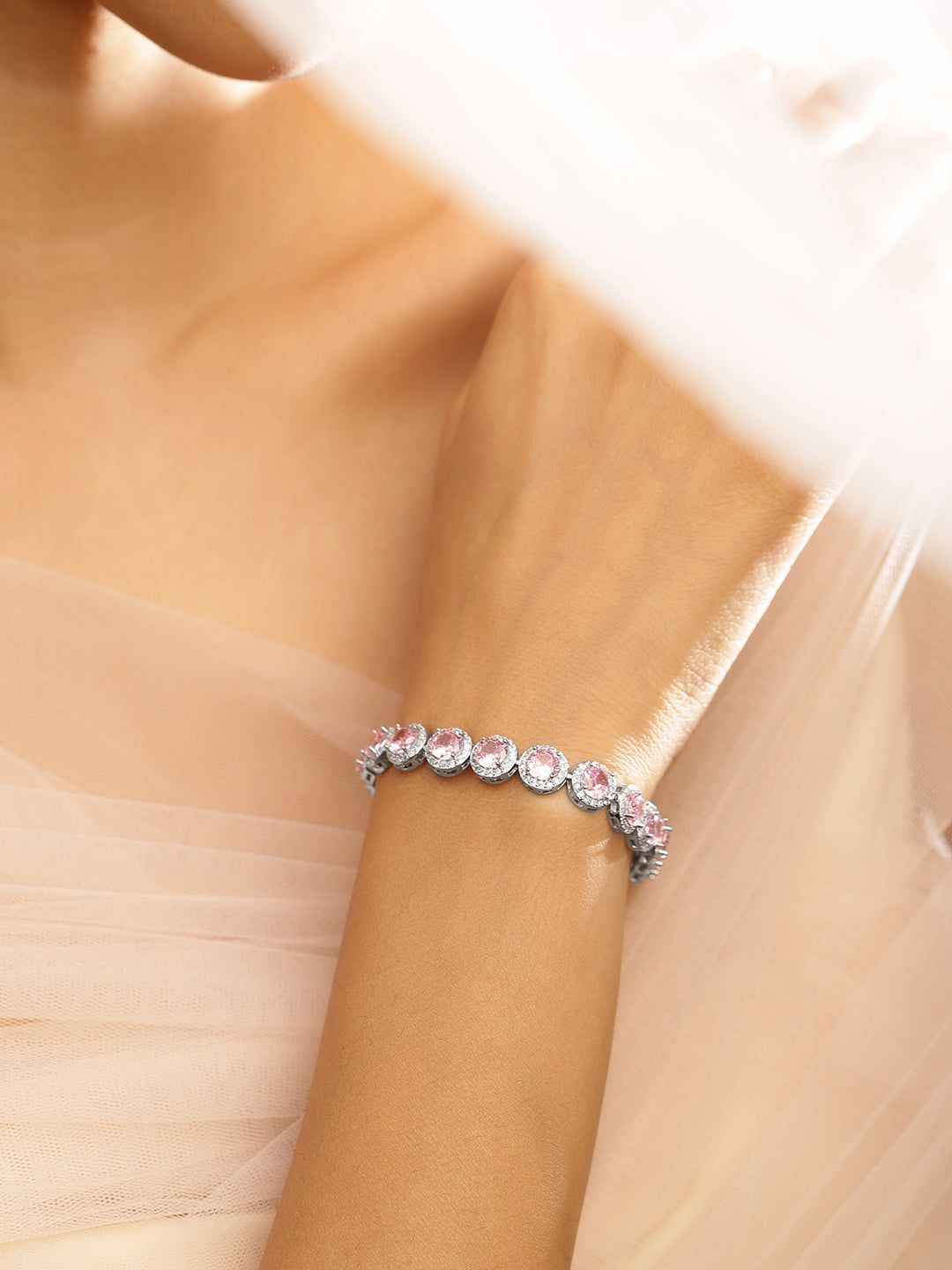 Wentra Rhodium Plated Sparkling pink round-cut Cubic Zirconia Studded Premium Tennis Bracelet