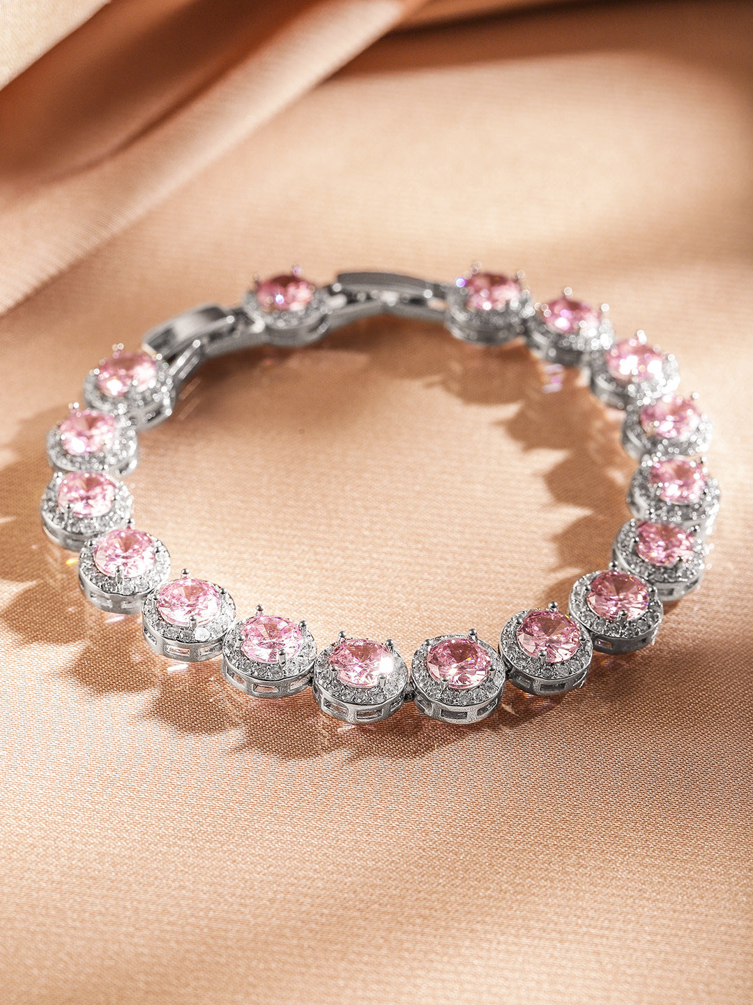 Wentra Rhodium Plated Sparkling pink round-cut Cubic Zirconia Studded Premium Tennis Bracelet