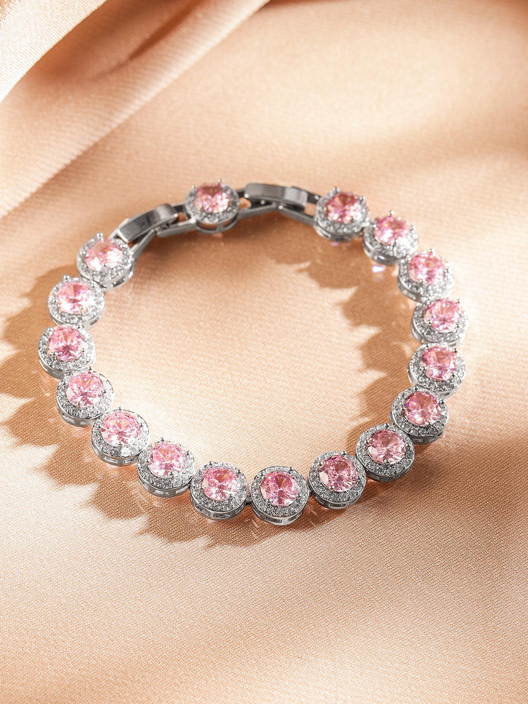 Wentra Rhodium Plated Sparkling pink round-cut Cubic Zirconia Studded Premium Tennis Bracelet