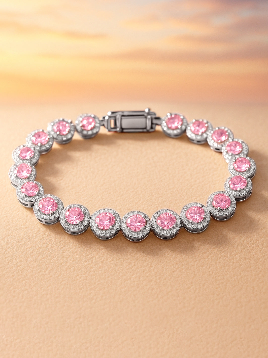 Wentra Rhodium Plated Sparkling pink round-cut Cubic Zirconia Studded Premium Tennis Bracelet
