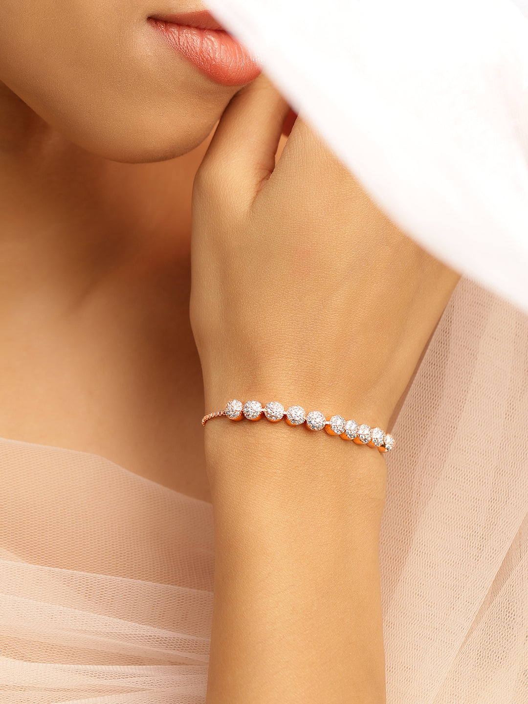 Wentra 18K Rose Gold Plated White Cubic Zirconia Adjustable Pull Chain Bracelet