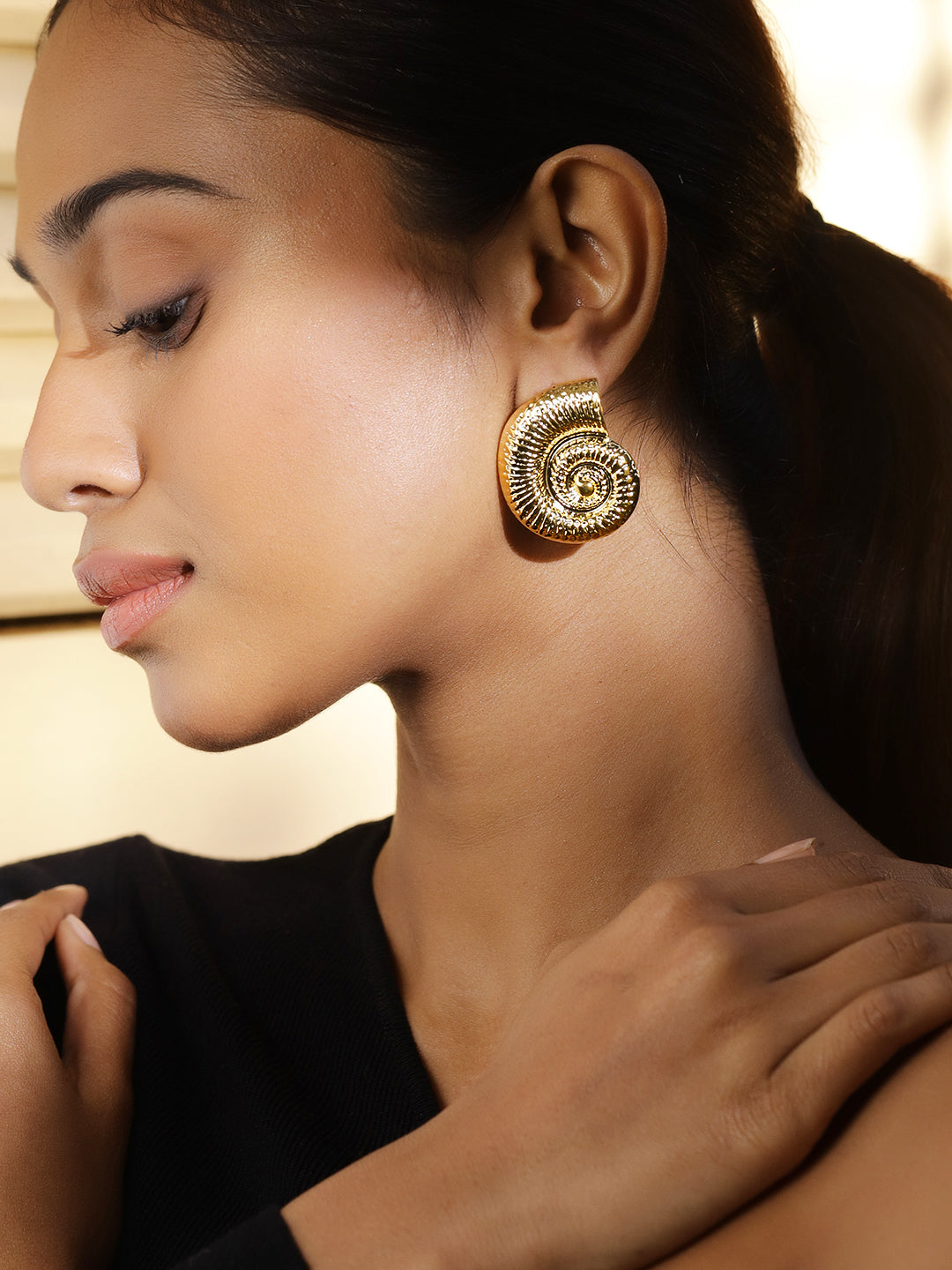 Gold Textured Seashell Spiral Stud Earrings