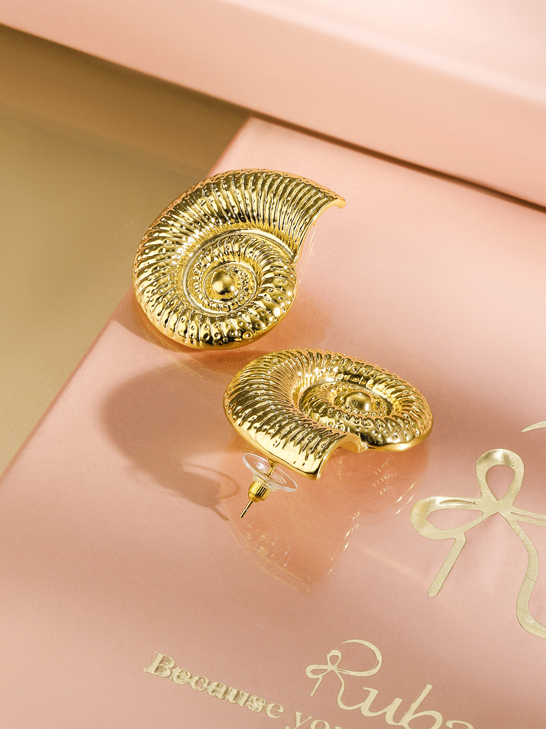 Gold Textured Seashell Spiral Stud Earrings