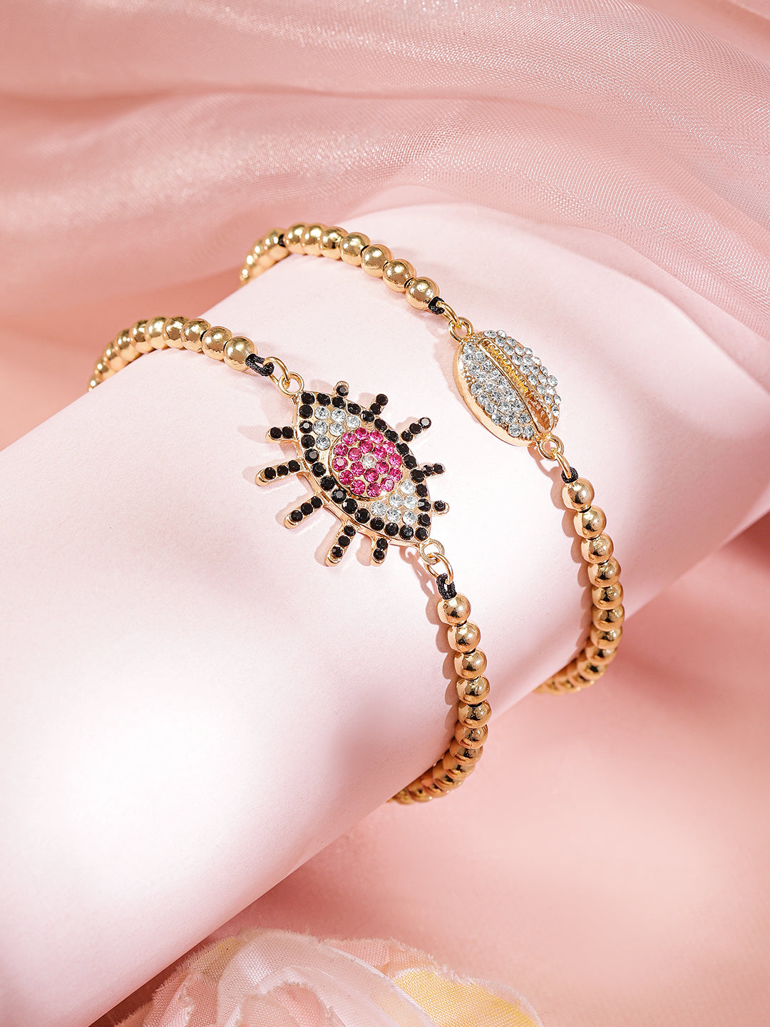 Wentra Set of 2, 18K Gold-Plated Evil Eye & Cowrie Shell Motif Bracelets
