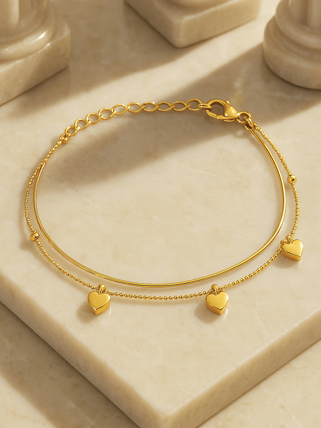 Gold Toned Double Layered Heart Motif Anklet