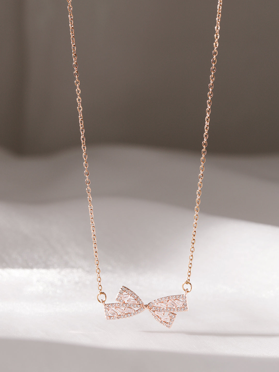Crystal Bow Motif Rose Gold Pendant Necklace