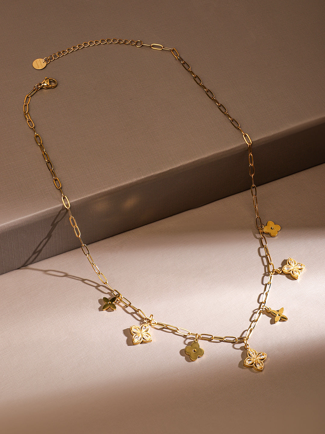 Gold Toned Floral Charms Paperclip Necklace