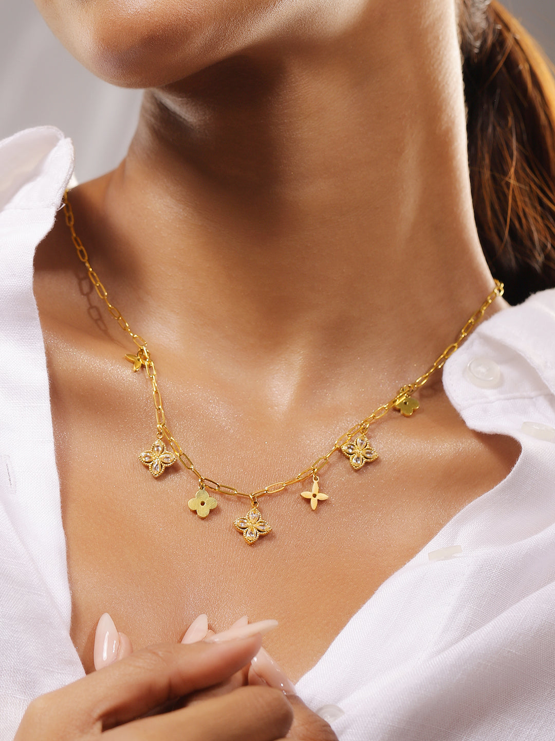 Gold Toned Floral Charms Paperclip Necklace
