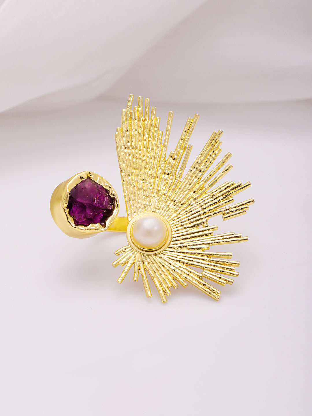 Wentra 18KT Gold-Plated Crystal Studded & Beaded Peacock Motif Ring