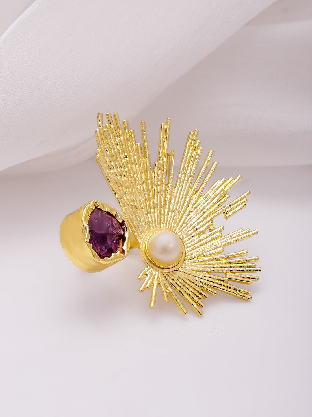 Wentra 18KT Gold-Plated Crystal Studded & Beaded Peacock Motif Ring