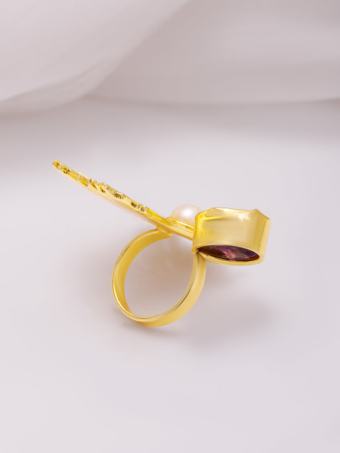 Wentra 18KT Gold-Plated Crystal Studded & Beaded Peacock Motif Ring