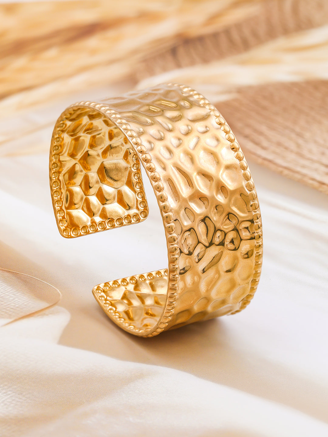 Wentra 22K Gold-Plated Textured Free Size Statement Cuff Bracelet
