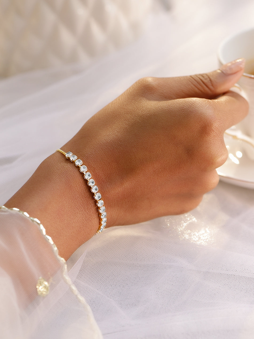 Wentra 18K Gold-Plated Adjustable Pull Chain Cubic Zirconia Studded Bracelet