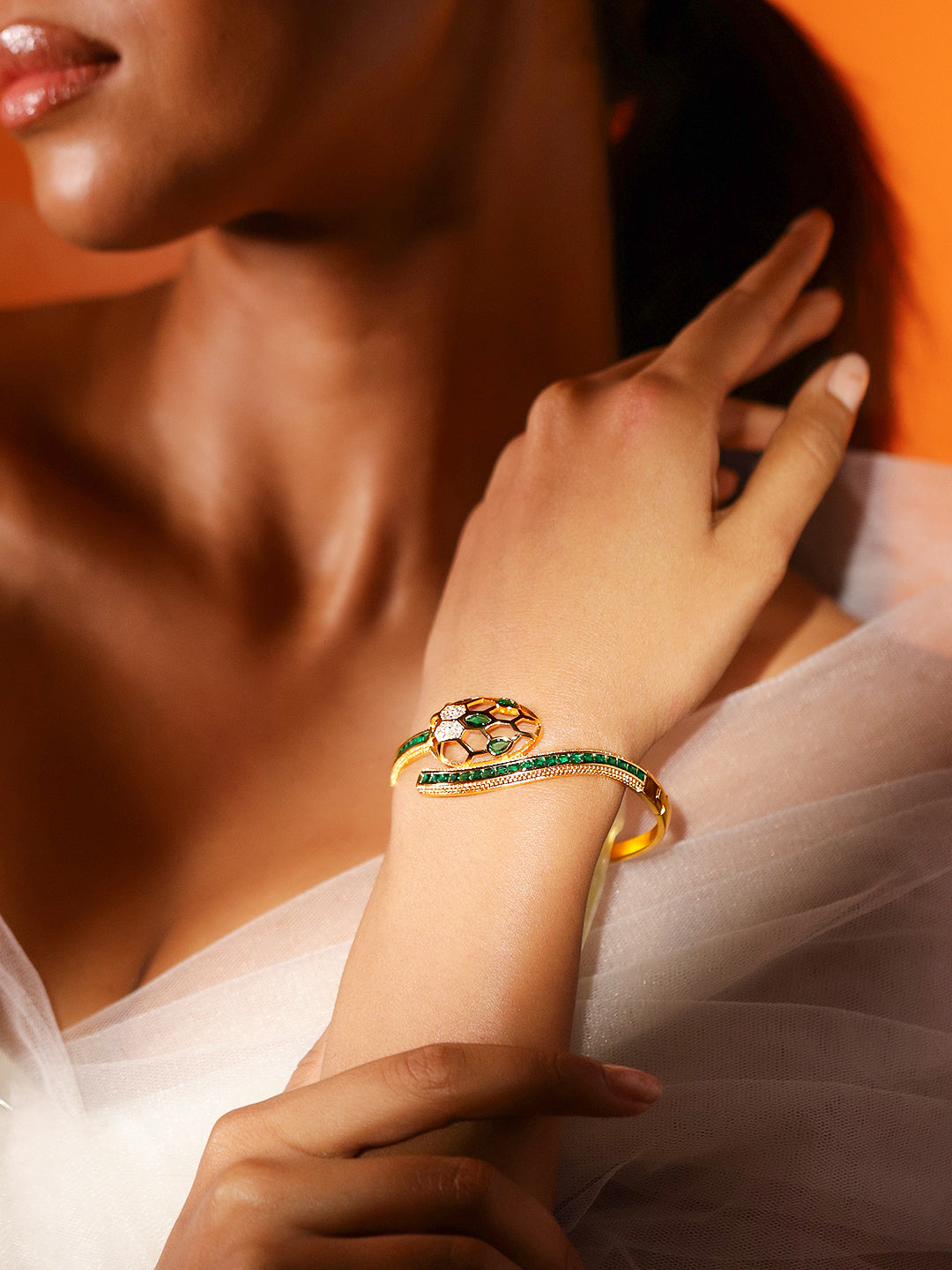 Wentra 22K Gold-Plated Snake Motif Bracelet with Honeycomb Design, Emerald & Zirconia