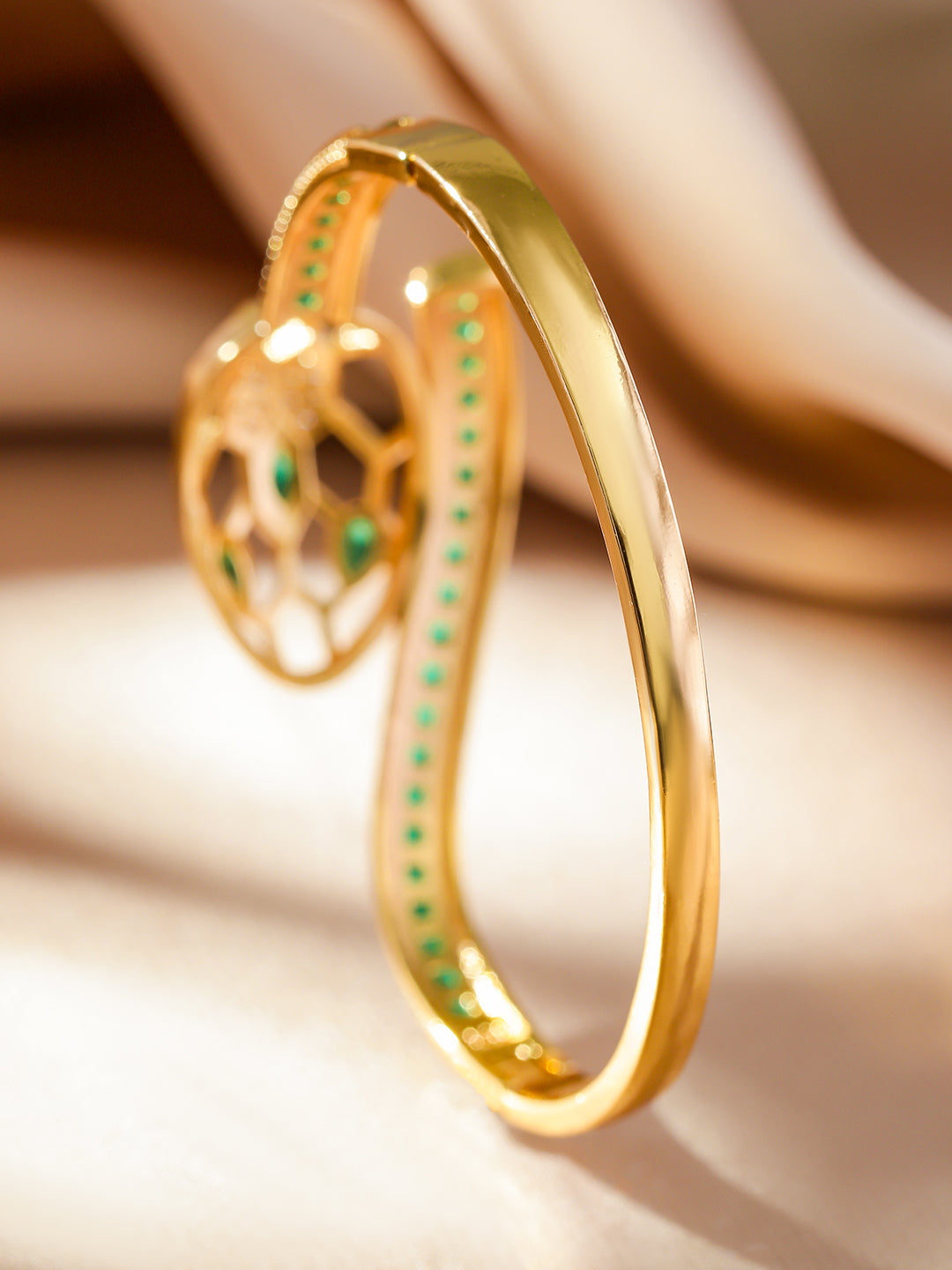 Wentra 22K Gold-Plated Snake Motif Bracelet with Honeycomb Design, Emerald & Zirconia