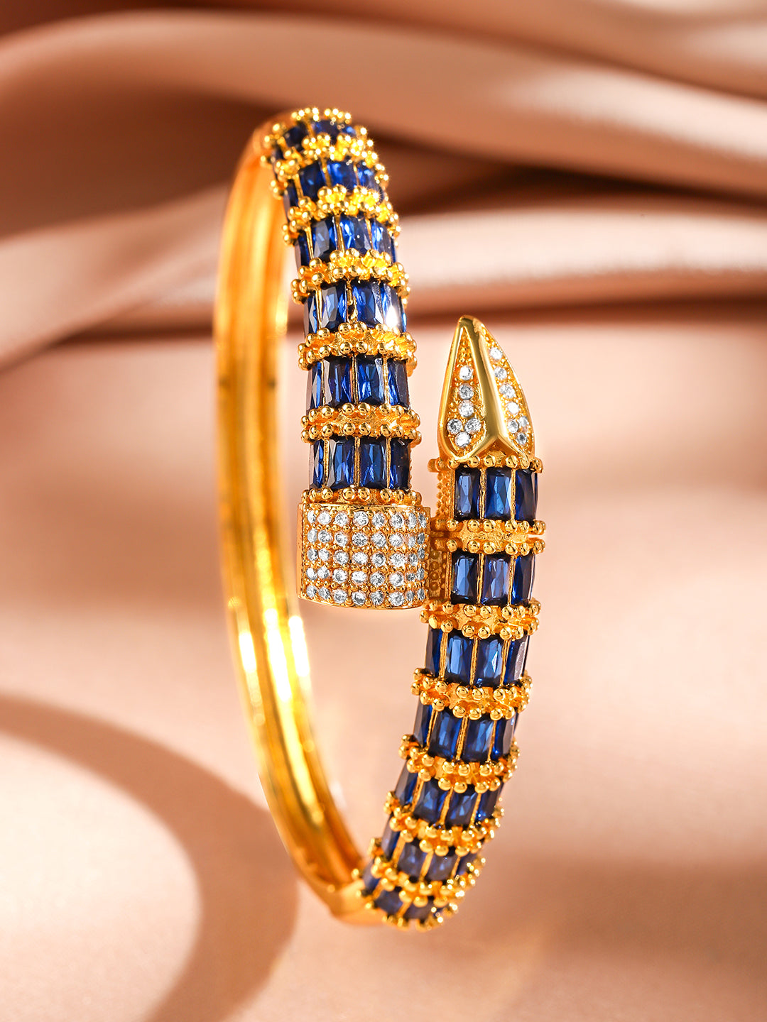 Wentra 22K Gold-Plated Blue Baguette-Cut White Cubic Zirconia Serpent Bracelet Openable