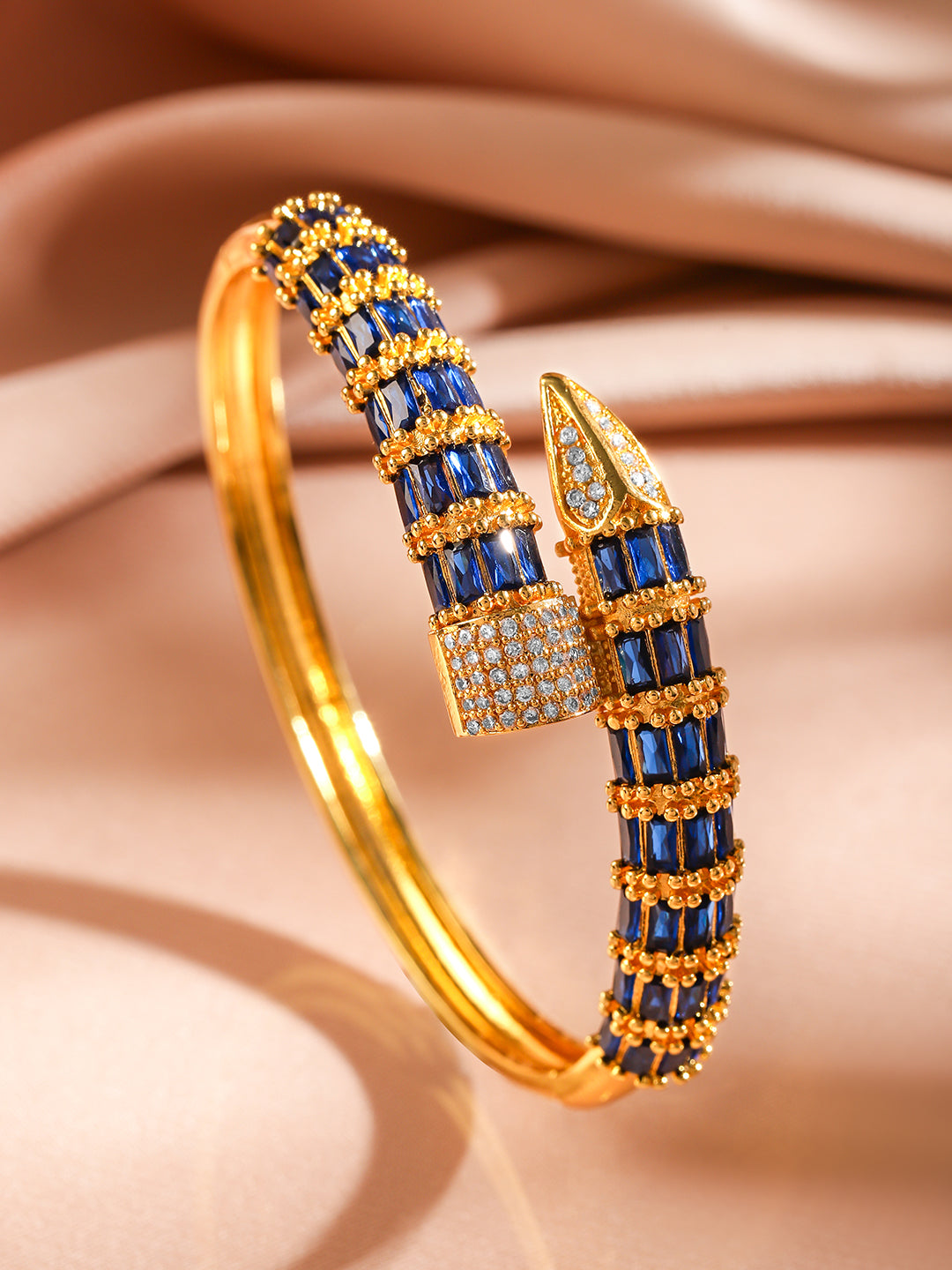 Wentra 22K Gold-Plated Blue Baguette-Cut White Cubic Zirconia Serpent Bracelet Openable