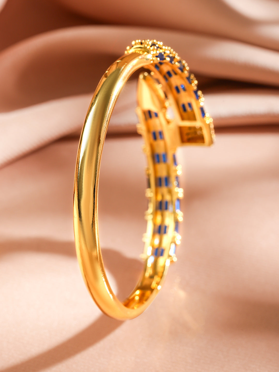 Wentra 22K Gold-Plated Blue Baguette-Cut White Cubic Zirconia Serpent Bracelet Openable