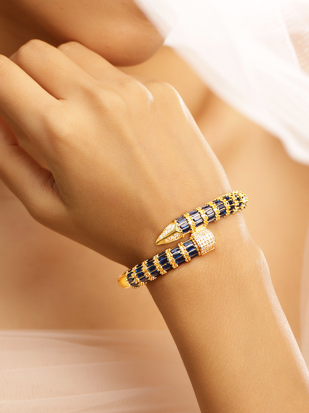 Wentra 22K Gold-Plated Blue Baguette-Cut White Cubic Zirconia Serpent Bracelet Openable