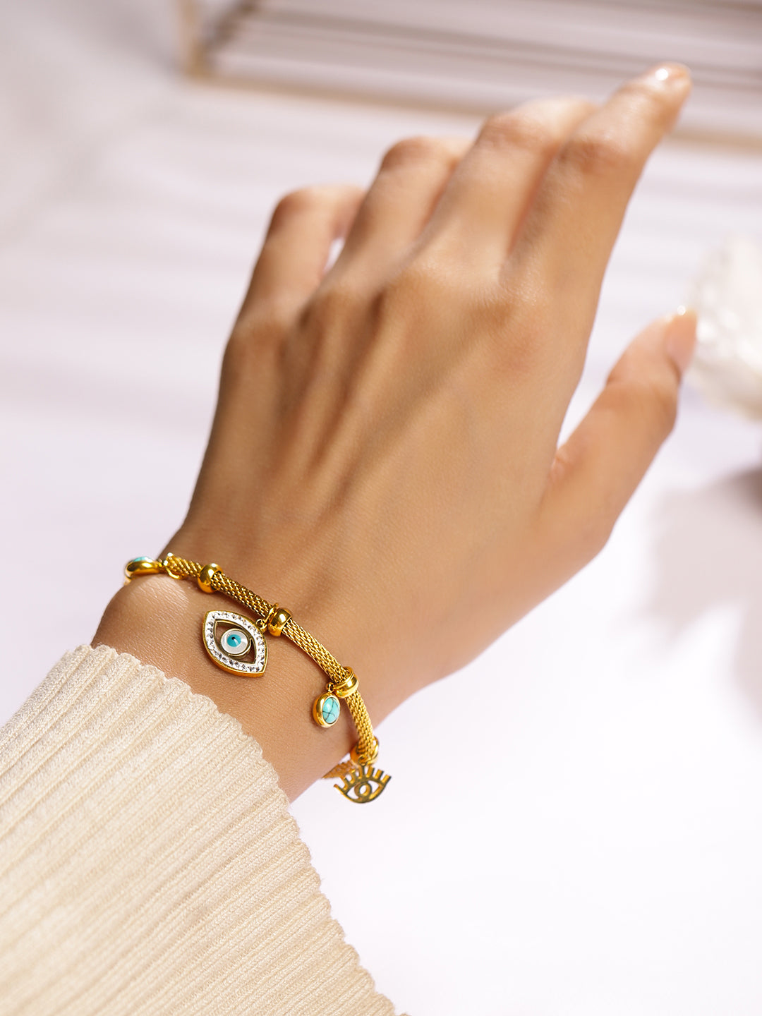 Wentra 18K Gold-Plated Stainless Steel TarnishFree Waterproof Evil Eye Charm Mesh Bracelet