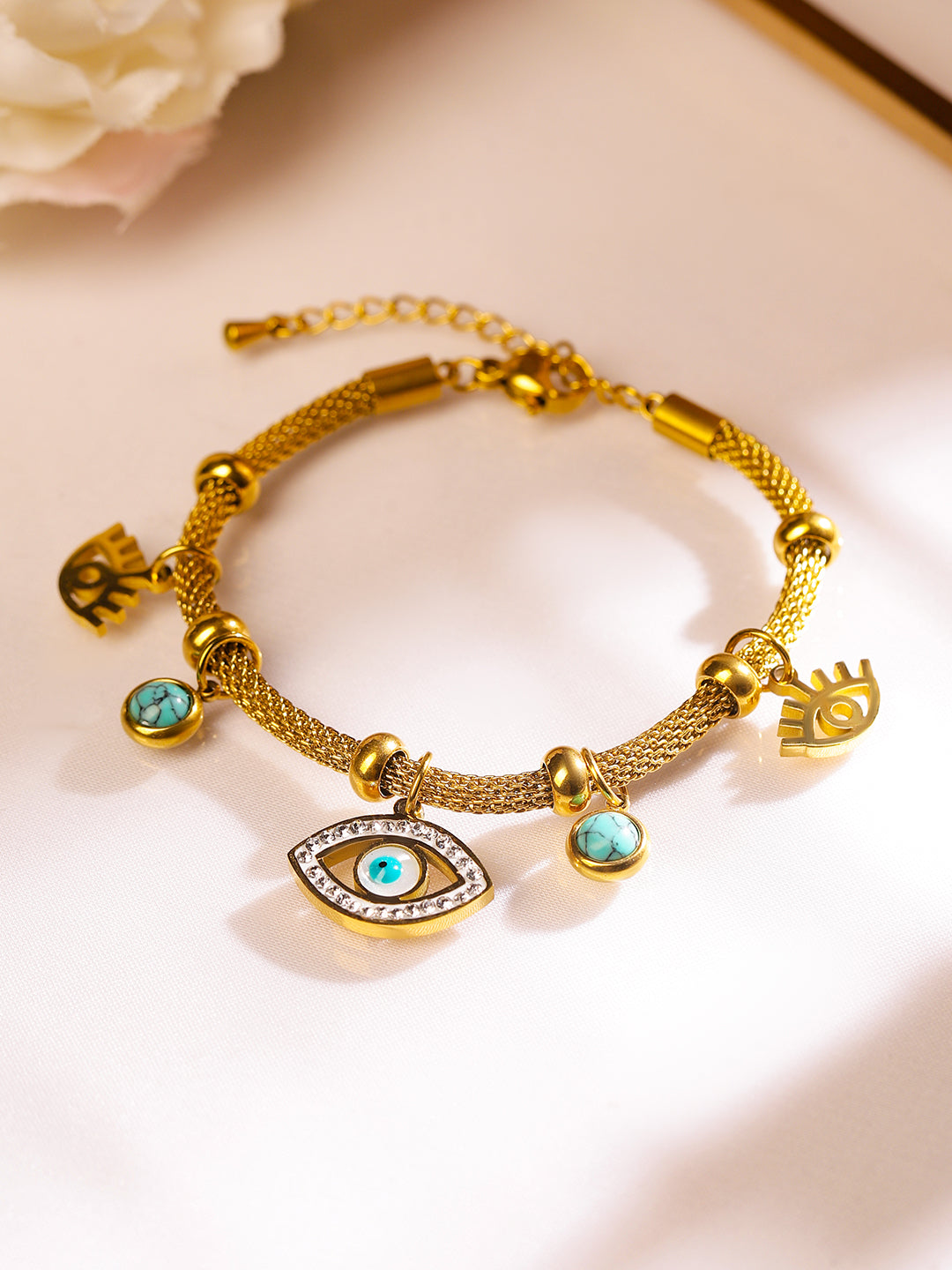 Wentra 18K Gold-Plated Stainless Steel TarnishFree Waterproof Evil Eye Charm Mesh Bracelet