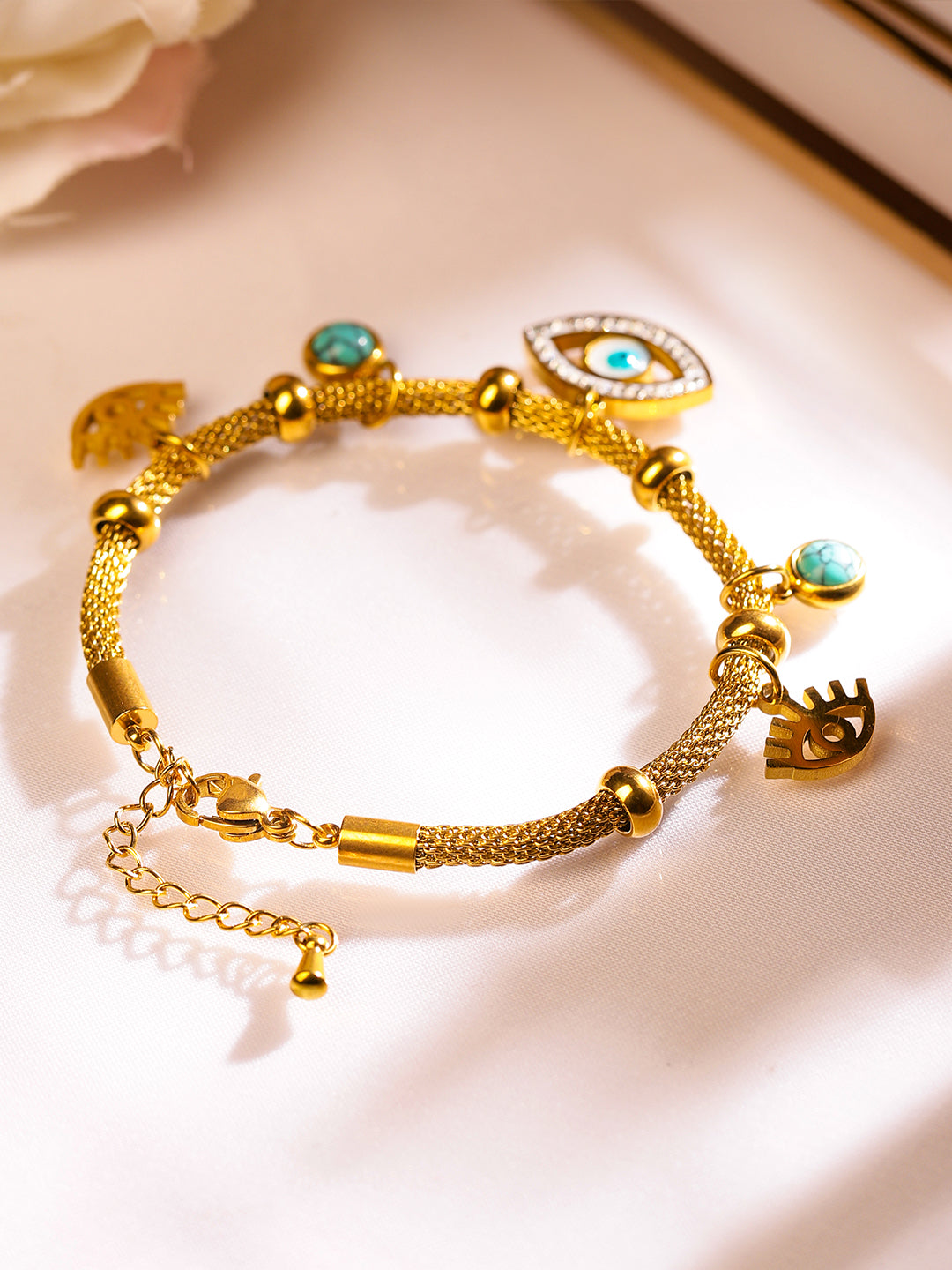 Wentra 18K Gold-Plated Stainless Steel TarnishFree Waterproof Evil Eye Charm Mesh Bracelet
